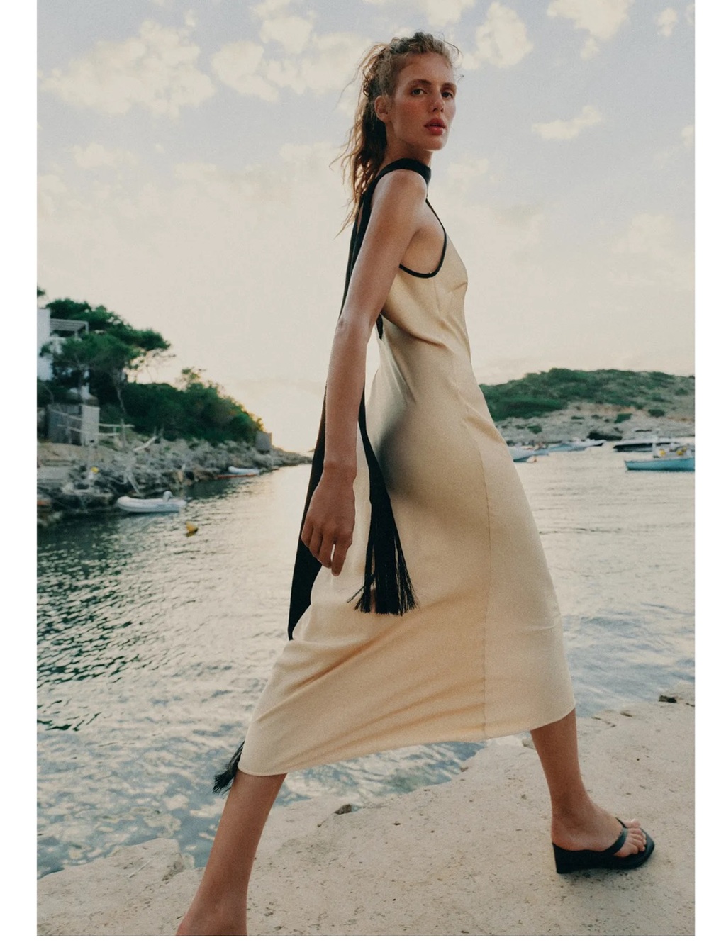 ZARA SATIN MIDI DRESS WITH CONTRAST PIPING - Picture 2 of 6